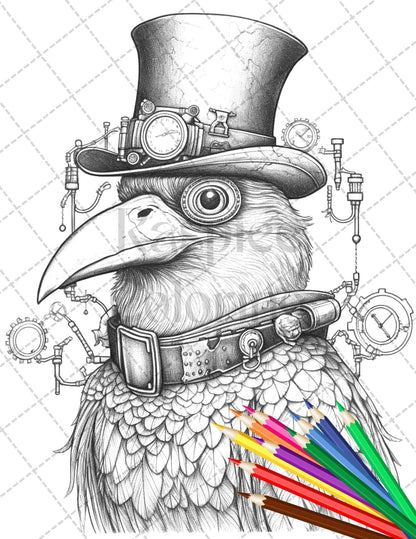 60 Steampunk Animals Grayscale Coloring Pages Printable for Adults, PDF File Instant Download
