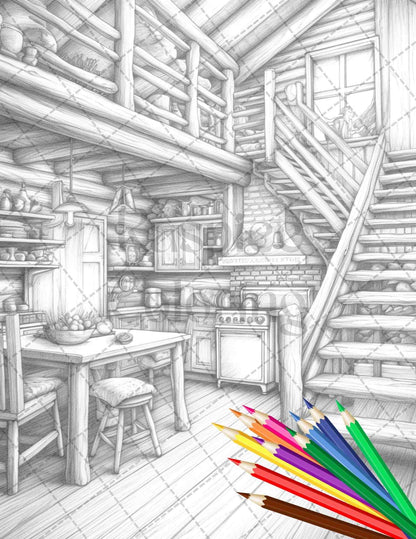 Cozy Cabin Interior Grayscale Coloring Pages Printable for Adults, PDF File Instant Download