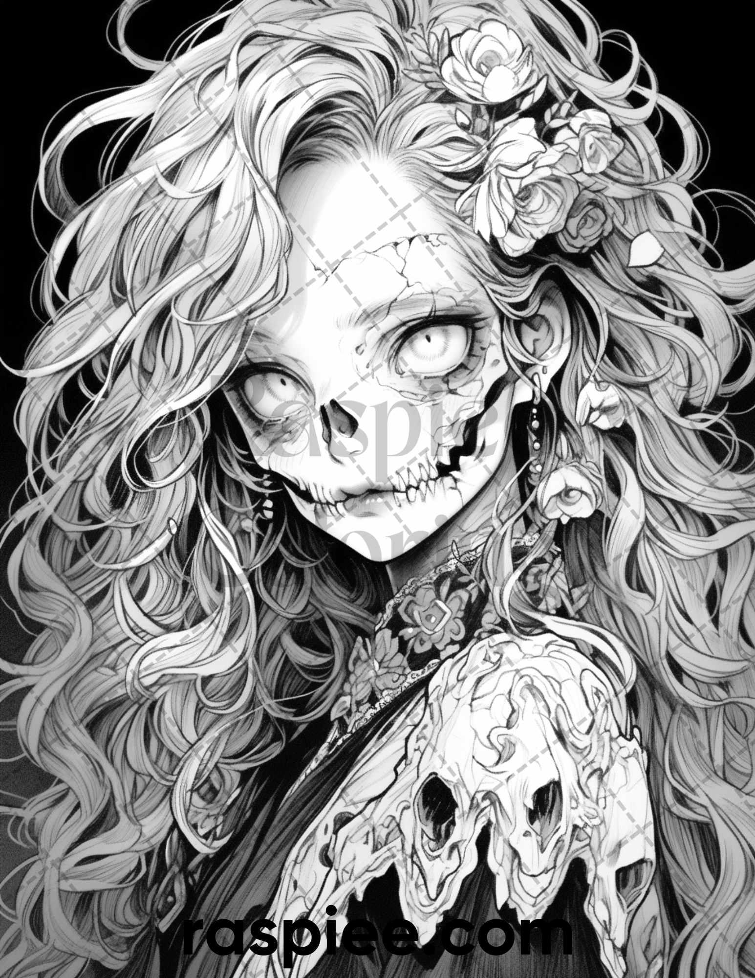 60 Horror Beauties Grayscale Coloring Pages Printable for Adults, PDF File Instant Download