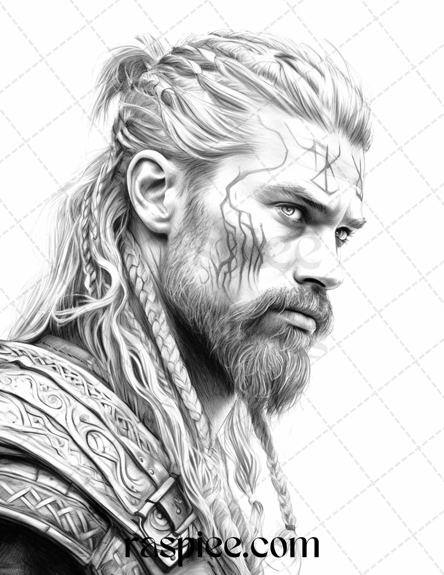 55 Viking Warriors Portrait Grayscale Coloring Pages Printable for Adults, PDF File Instant Download