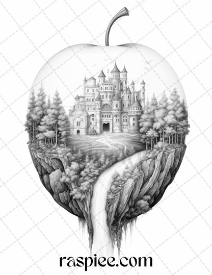 60 Miniworld in the Apple Grayscale Coloring Pages Printable for Adults, PDF File Instant Download