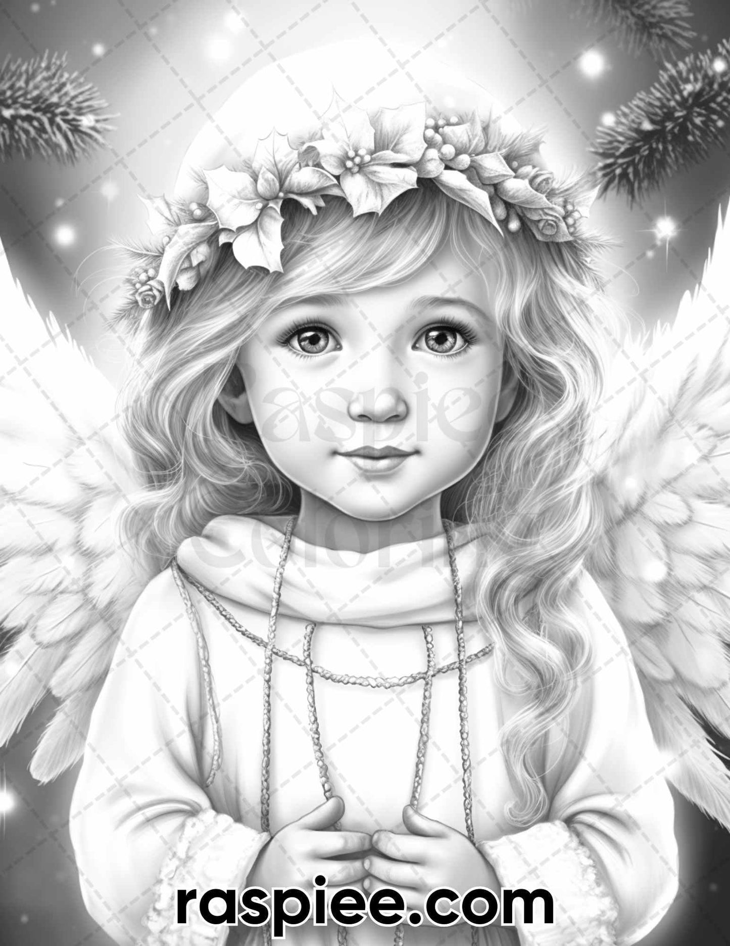 55 Christmas Angel Grayscale Coloring Pages for Adults, Printable PDF Instant Download