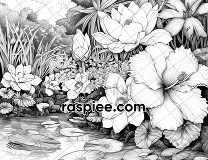 65 Rainforest Waterfall Grayscale Adult Coloring Pages, Printable PDF Instant Download