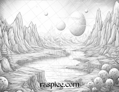 55 Celestial Landscapes Grayscale Coloring Pages Printable for Adults, PDF File Instant Download