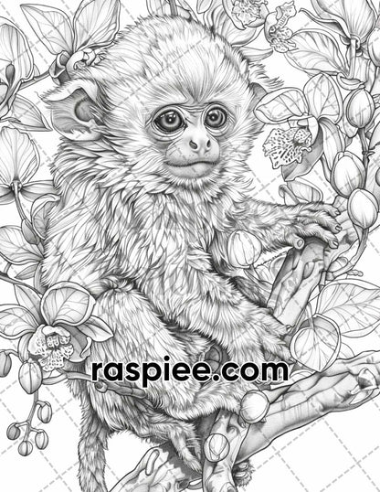 77 Baby Animals with Flowers Grayscale Adult Coloring Pages Printable PDF Instant Download