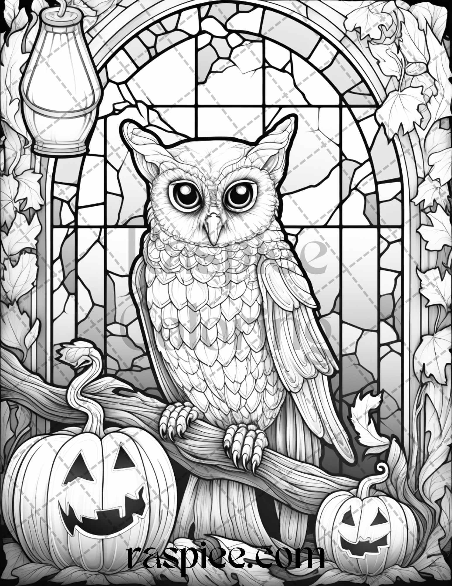 70 Halloween Stained Glass Grayscale Coloring Pages Printable for Adults, PDF File Instant Download