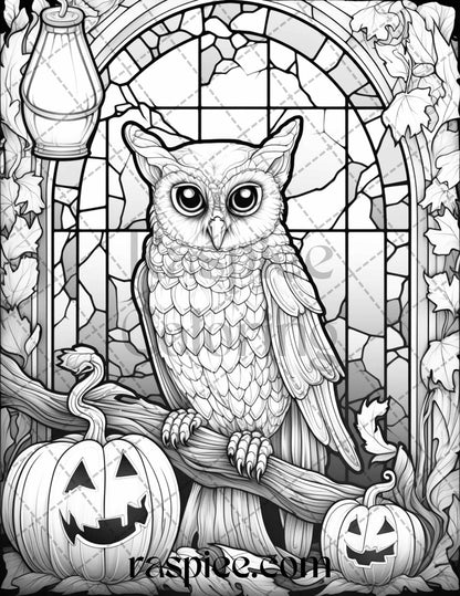 70 Halloween Stained Glass Grayscale Coloring Pages Printable for Adults, PDF File Instant Download