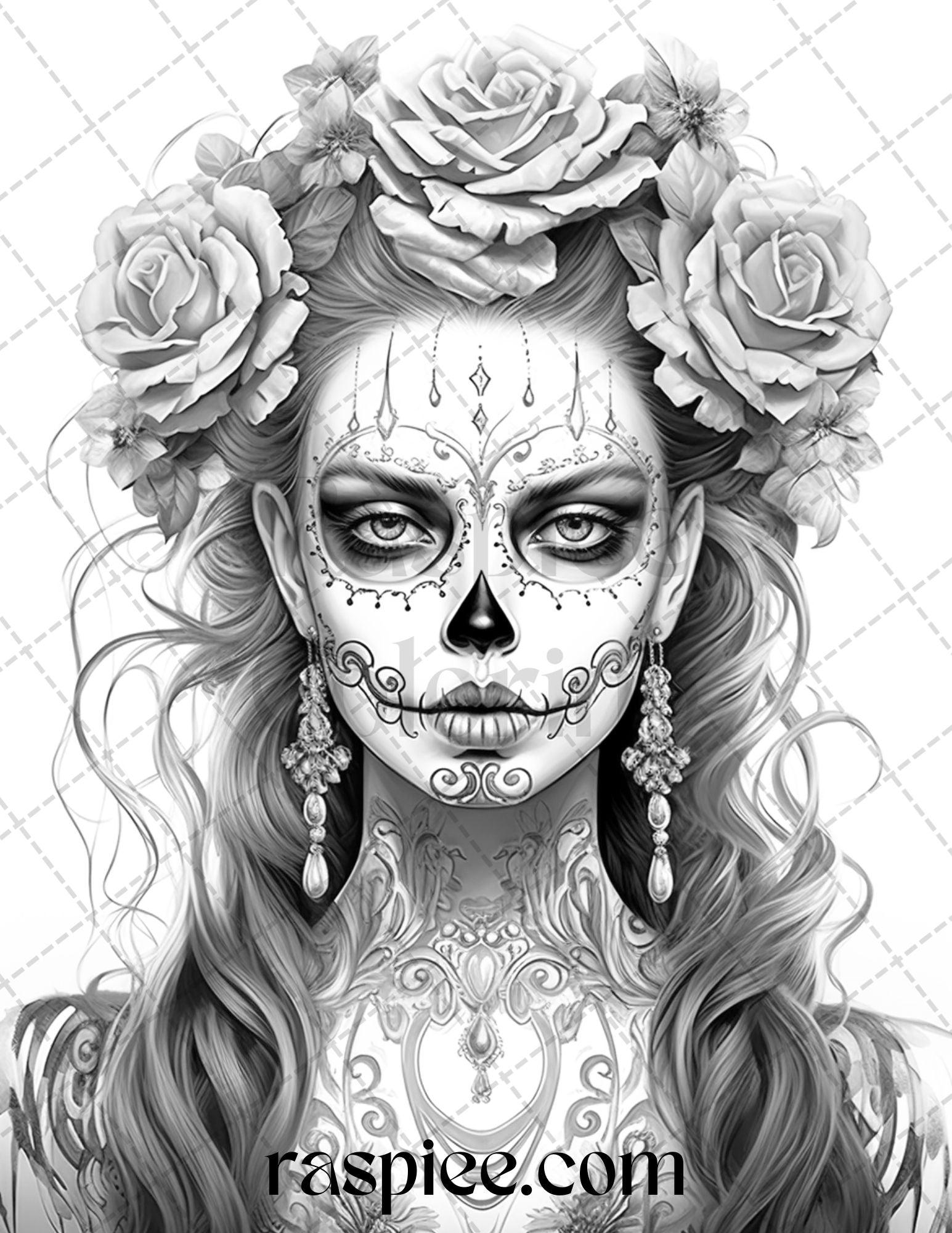 55 Halloween Girls Grayscale Coloring Pages Printable for Adults, PDF File Instant Download