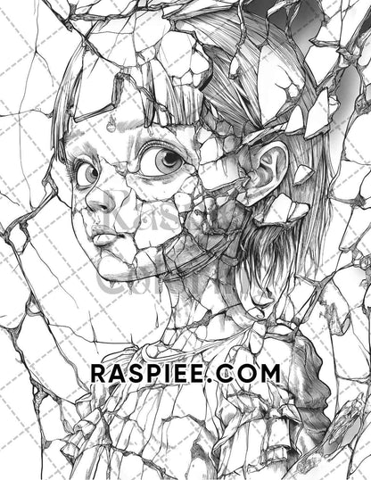 Haunted Dolls Halloween Horror Adult Coloring Pages Printable PDF Instant Download