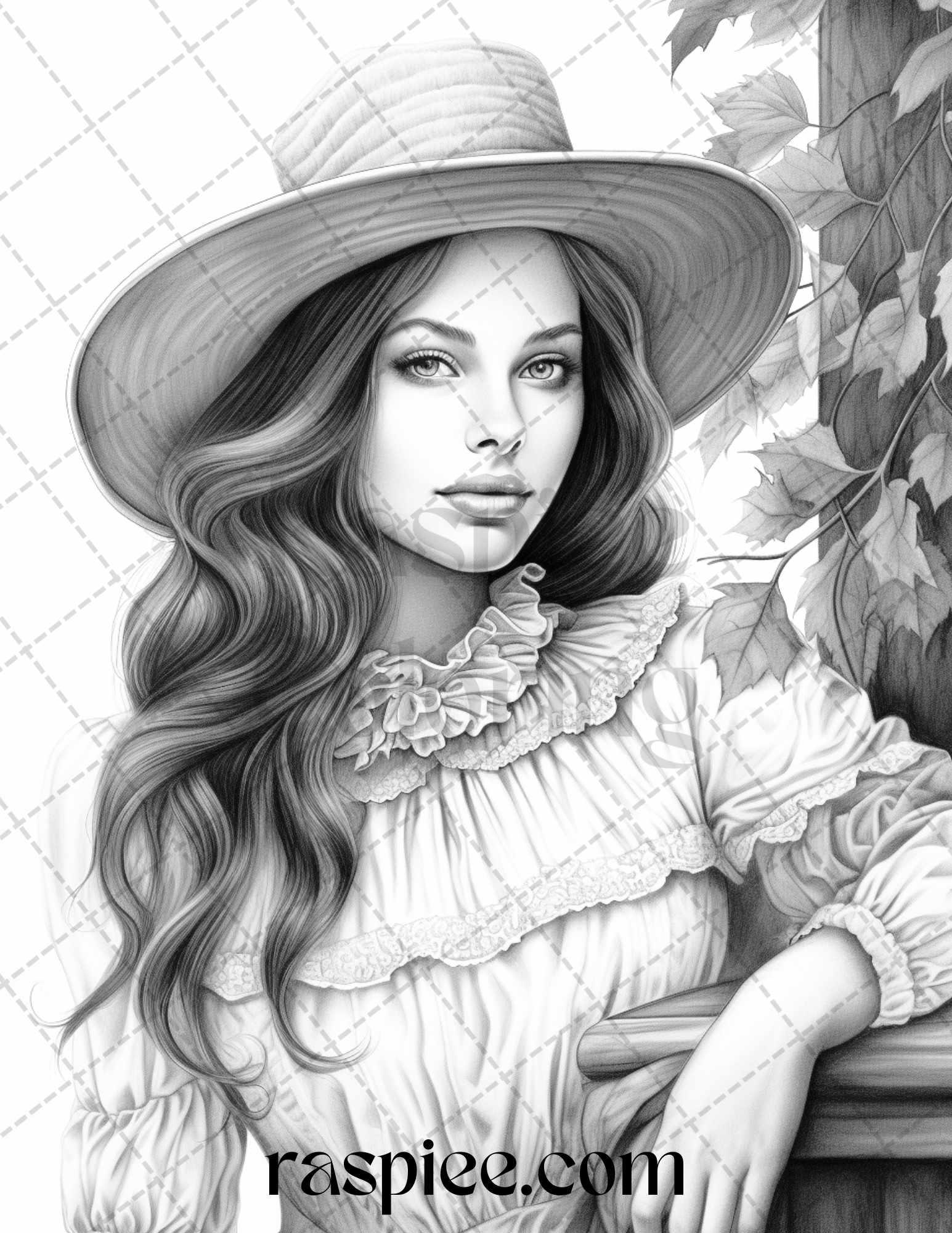 60 Victorian Autumn Portrait Grayscale Coloring Pages Printable for Adults, PDF File Instant Download