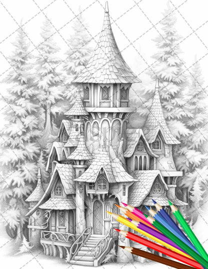 63 Winter Fairy Houses Grayscale Coloring Pages Printable for Adults, PDF File Instant Download