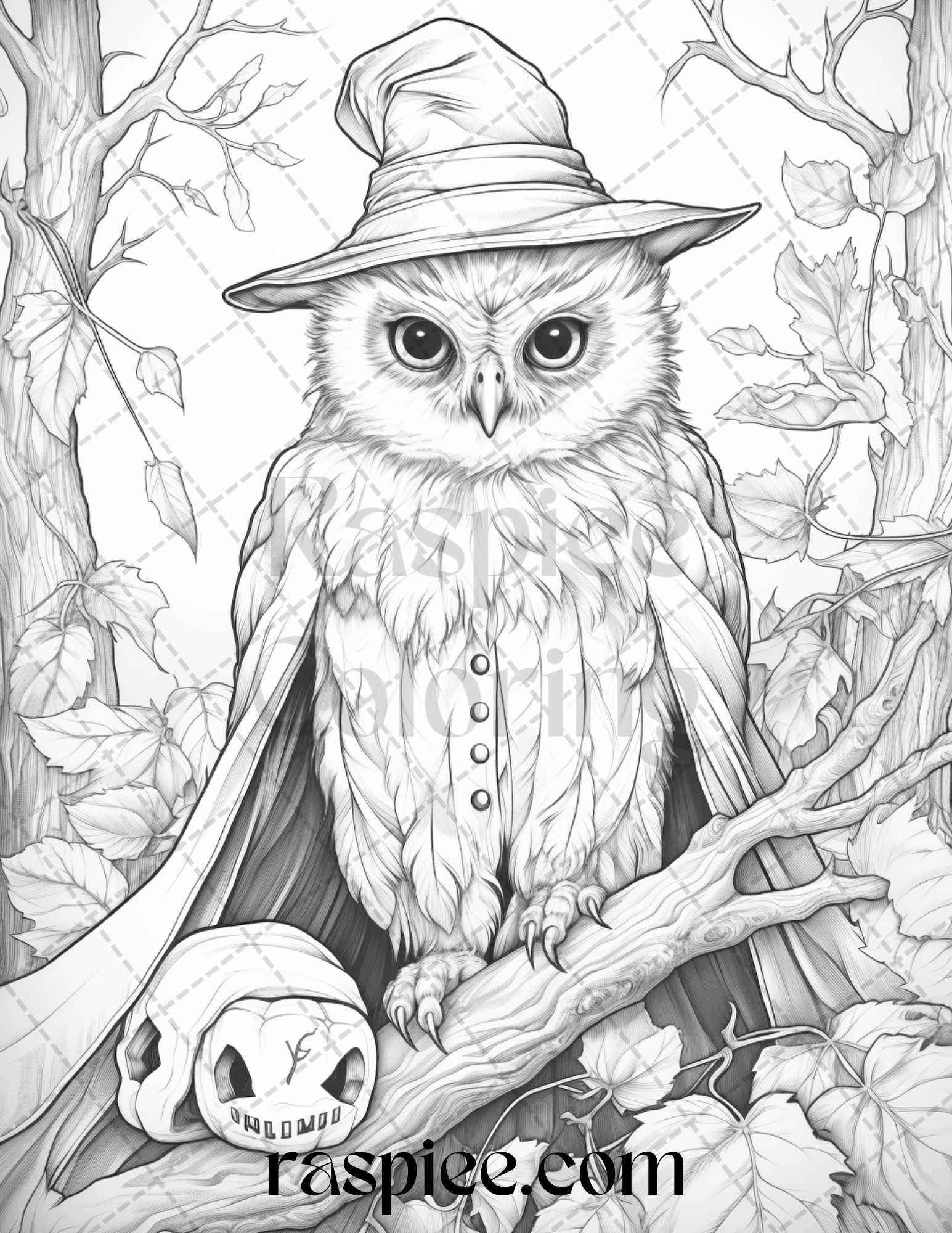 Halloween Witch Owl Grayscale Coloring Pages for Adults and Kids, Printable PDF Instant Download