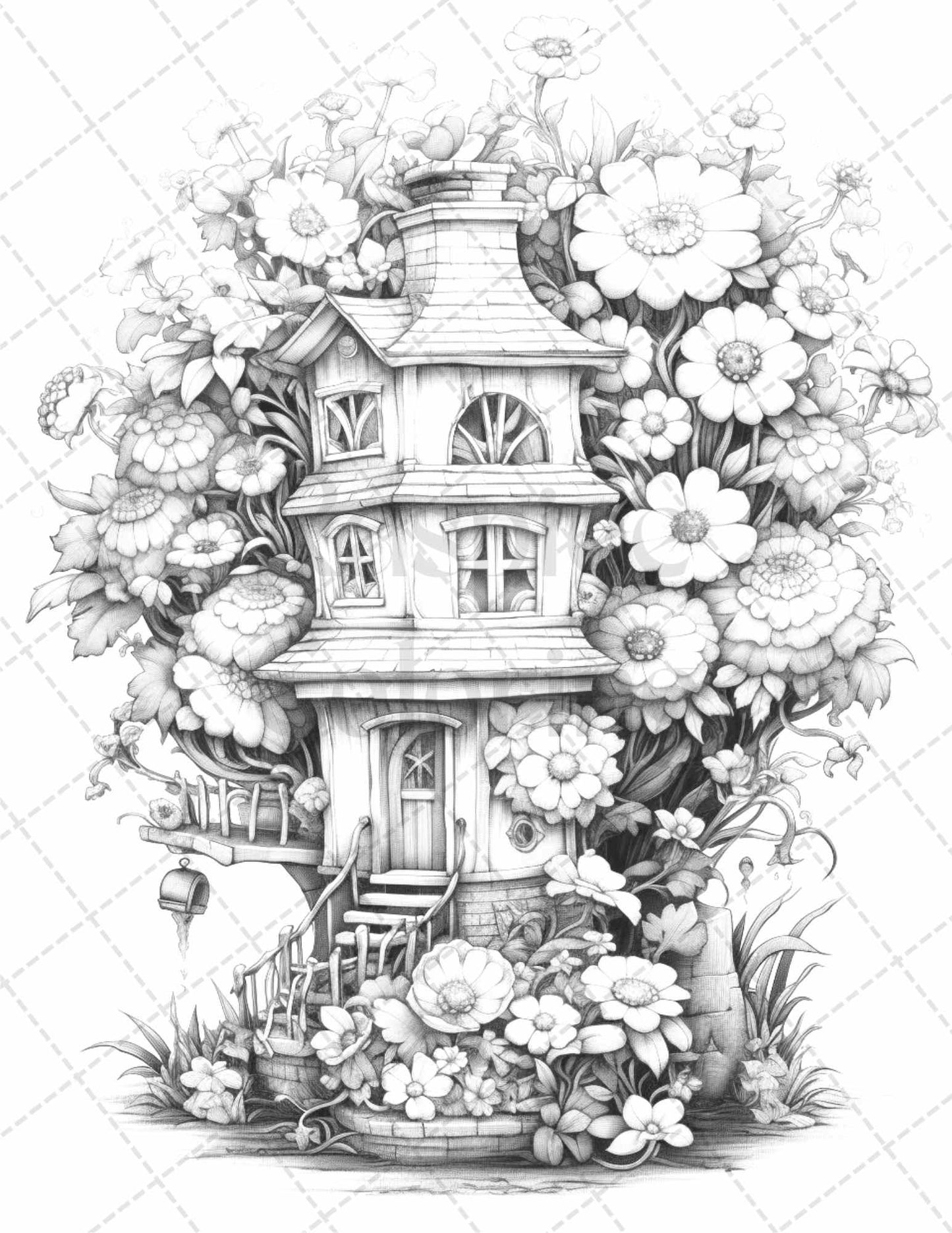 60 Flower Houses Grayscale Coloring Pages Printable for Adults, PDF File Instant Download