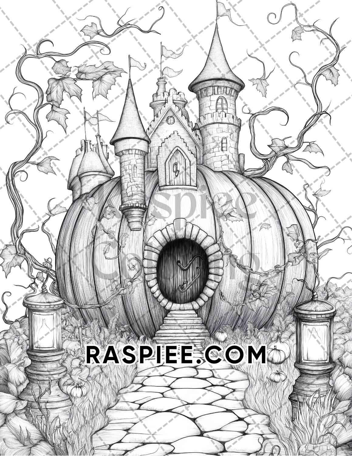 Fantasy Giant Pumpkin Castles Adult Coloring Pages Printable PDF Instant Download
