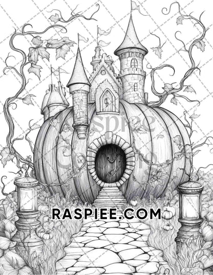 Fantasy Giant Pumpkin Castles Adult Coloring Pages Printable PDF Instant Download