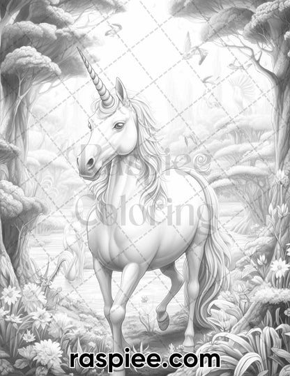 60 Mythical Creatures Grayscale Coloring Pages for Adults, Printable PDF Instant Download