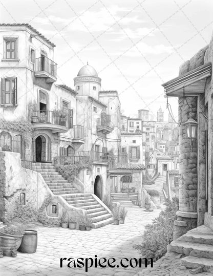 Roman Architecture Grayscale Coloring Pages Printable for Adults, PDF File Instant Download