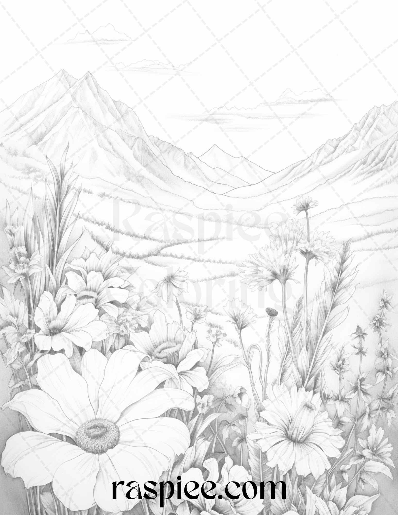 60 Mountain Flower Landscapes Grayscale Coloring Pages Printable for Adults, PDF File Instant Download