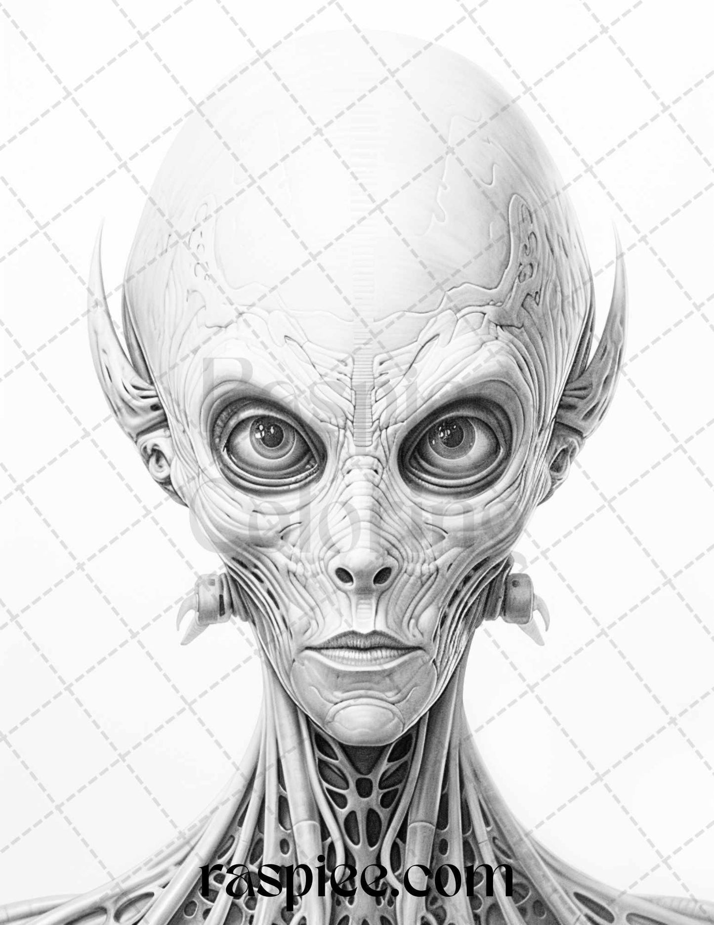 65 Alien Portrait Grayscale Coloring Pages for Adults, Printable PDF File Instant Download