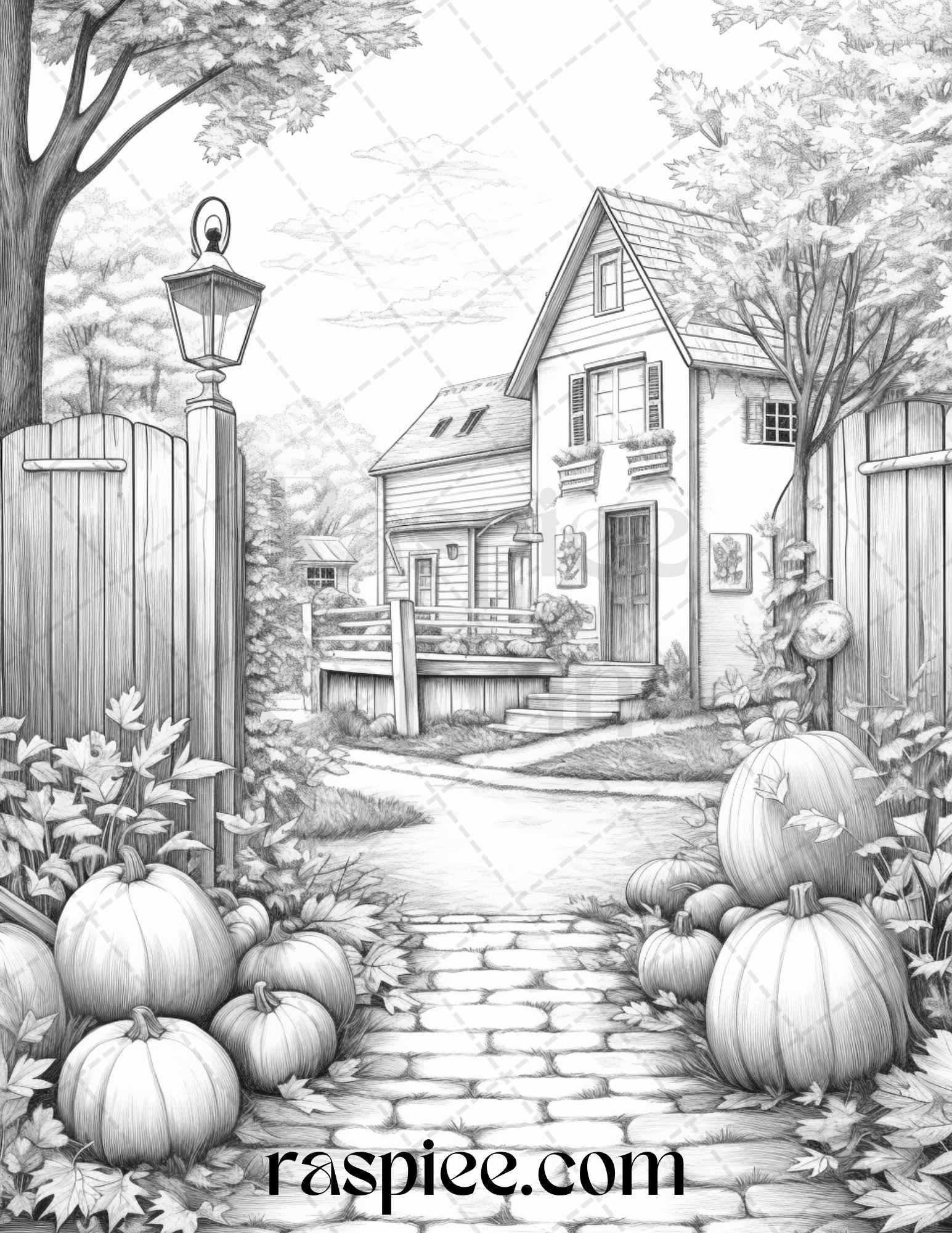 Autumn Scenery Grayscale Coloring Pages Printable for Adults, PDF File Instant Download