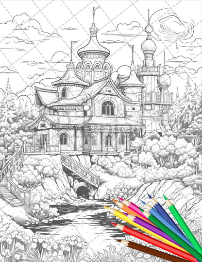 122 Fantasy Castles Coloring Book for Adults, Grayscale Coloring Page, Printable PDF Instant Download