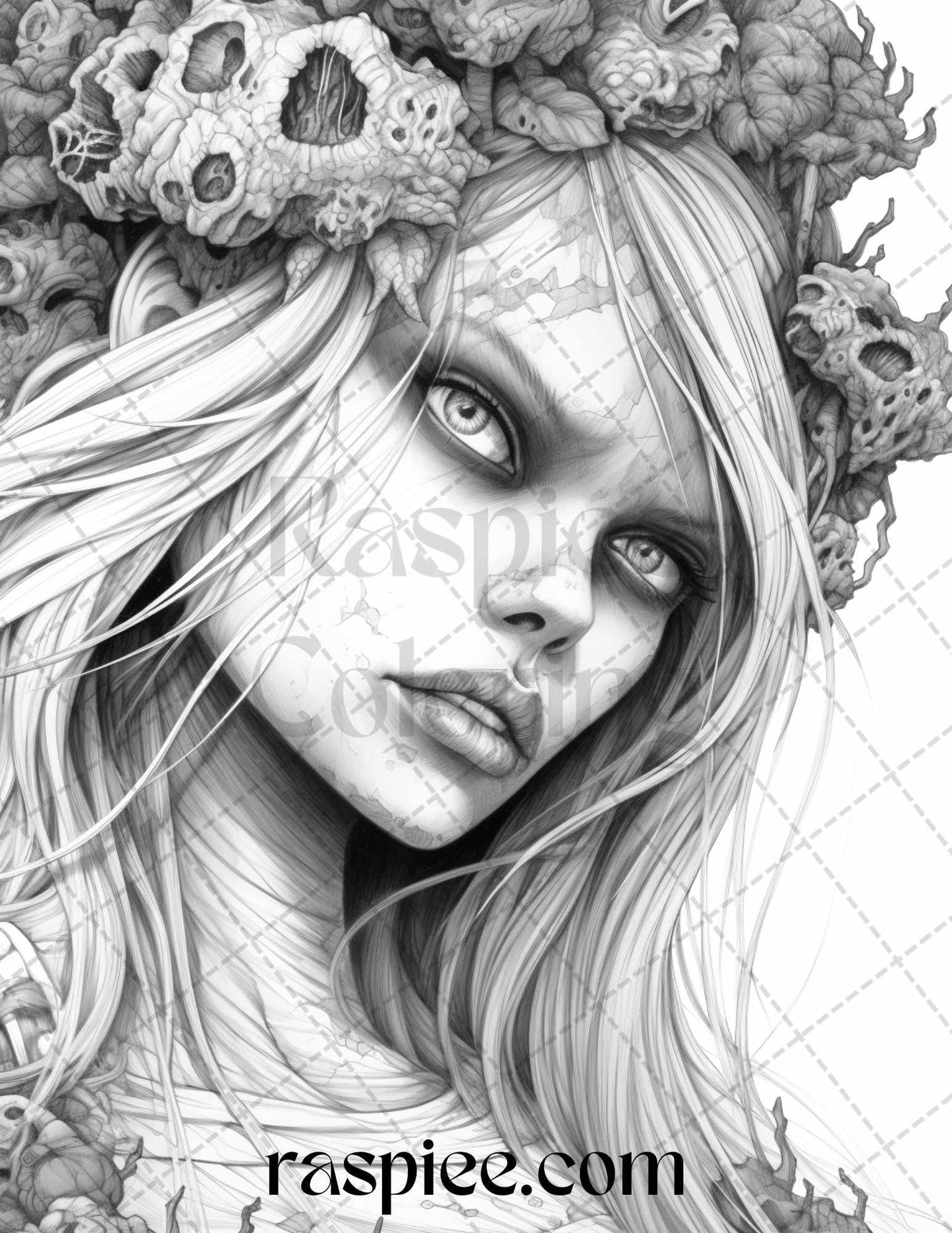 60 Halloween Zombie Fairy Grayscale Coloring Pages Printable for Adults, PDF File Instant Download