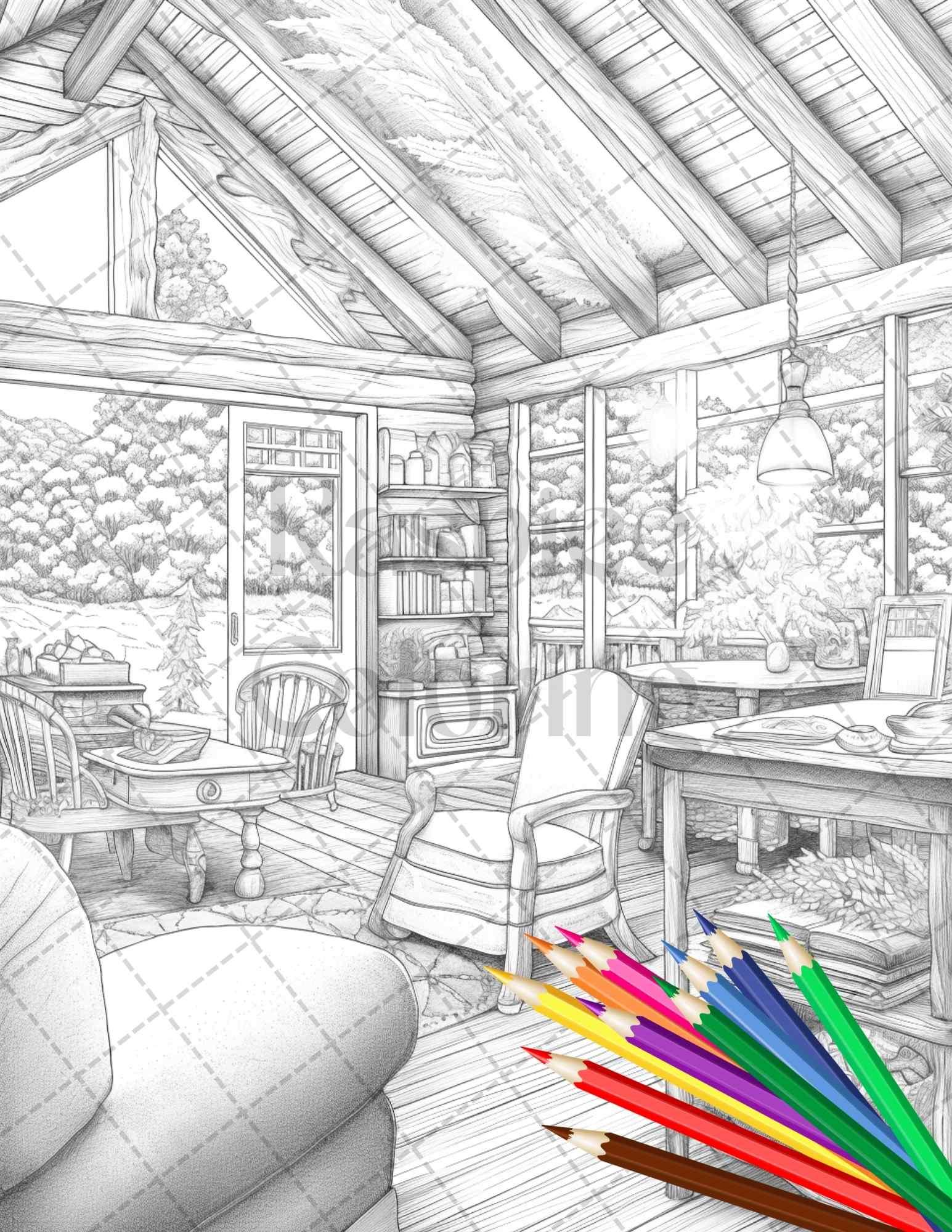 Cozy Cabin Interior Grayscale Coloring Pages Printable for Adults, PDF File Instant Download