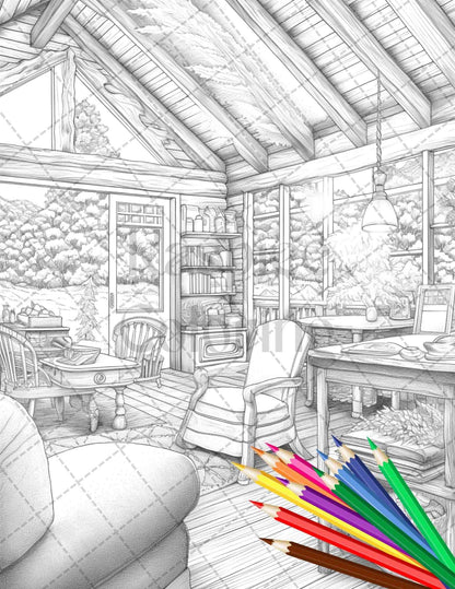Cozy Cabin Interior Grayscale Coloring Pages Printable for Adults, PDF File Instant Download