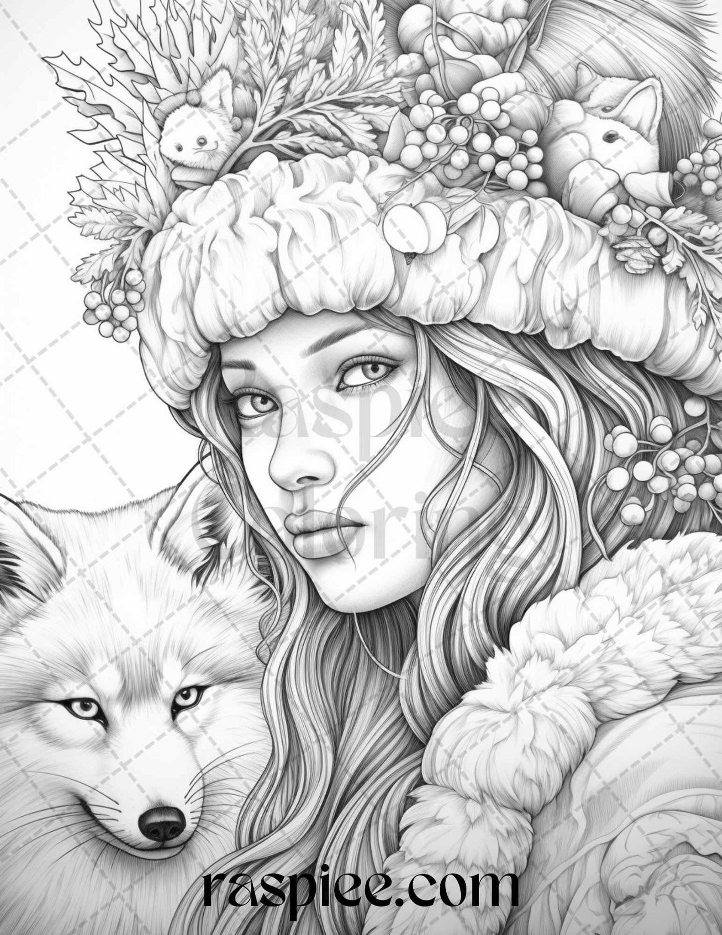 60 Beautiful Winter Girls Grayscale Coloring Pages Printable for Adults, PDF File Instant Download