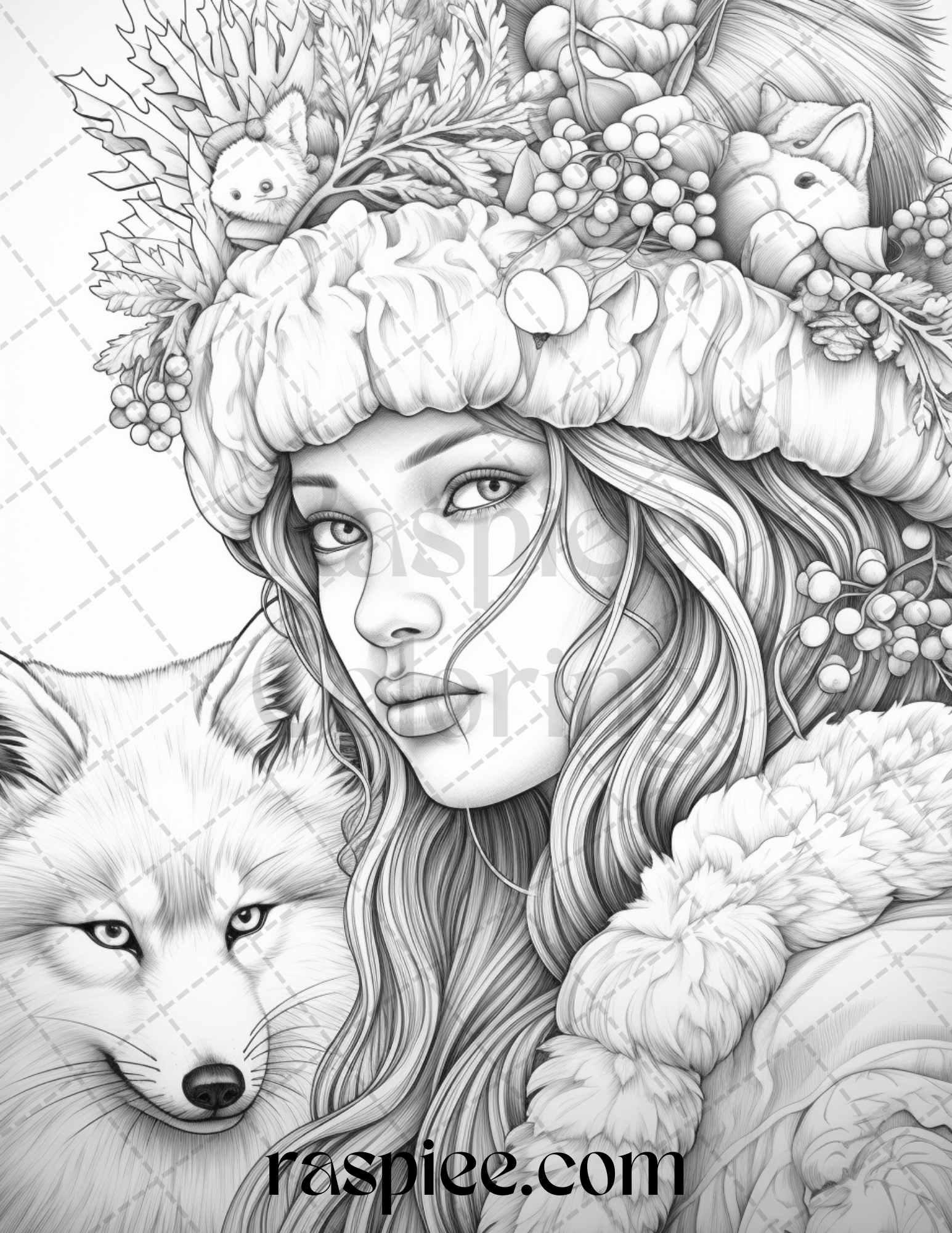 60 Beautiful Winter Girls Grayscale Coloring Pages Printable for Adults, PDF File Instant Download