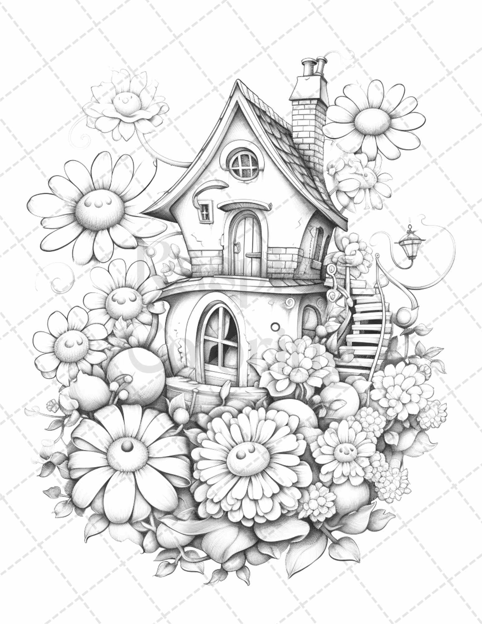 60 Flower Houses Grayscale Coloring Pages Printable for Adults, PDF File Instant Download