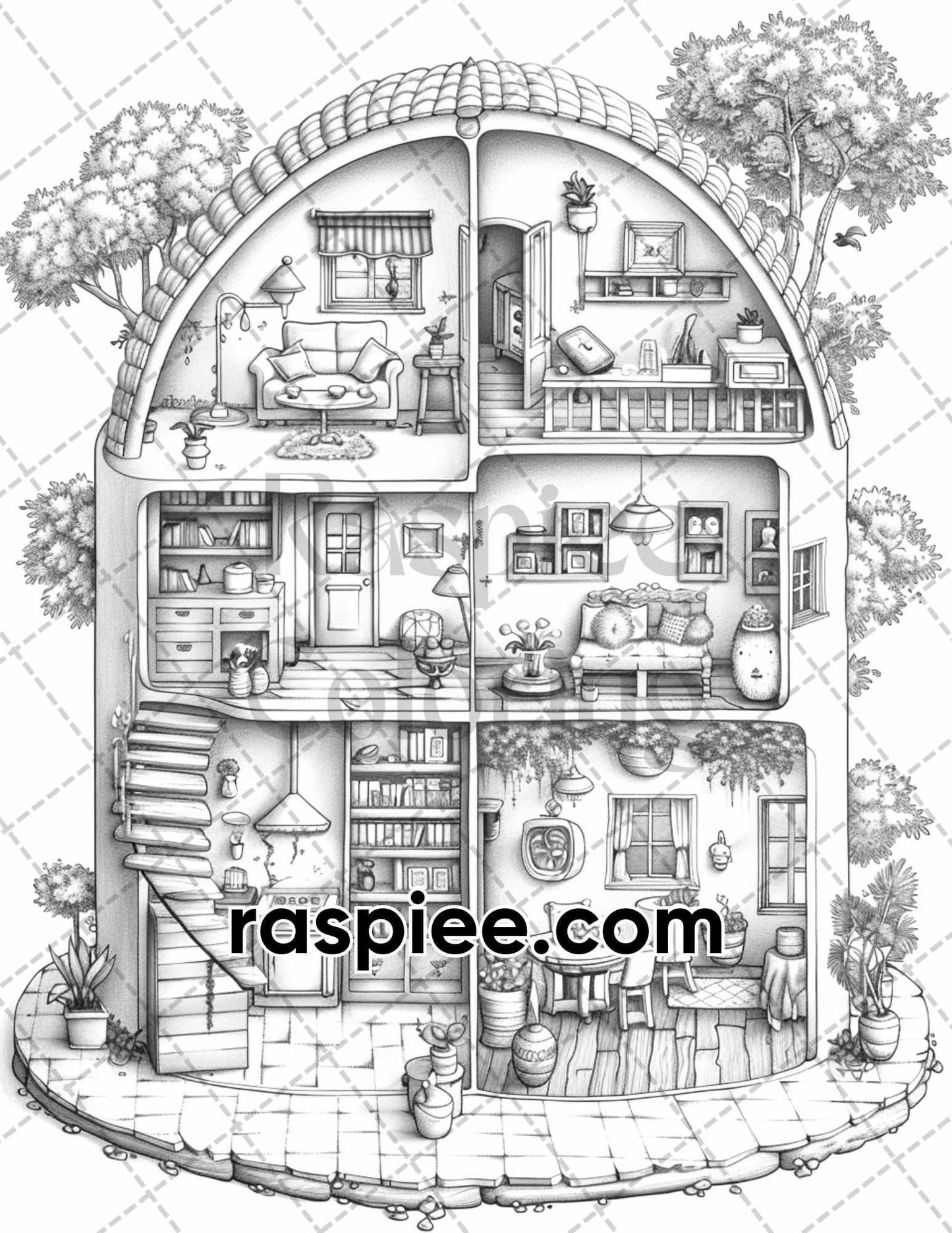 60 Isometric House Grayscale Adult Coloring Pages, Printable PDF Instant Download
