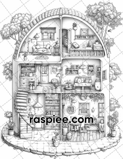 60 Isometric House Grayscale Adult Coloring Pages, Printable PDF Instant Download