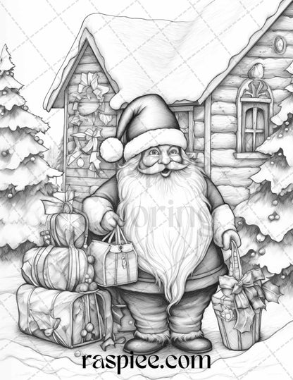 60 Christmas Gnomes Grayscale Coloring Pages Printable for Adults and Kids, PDF File Instant Download
