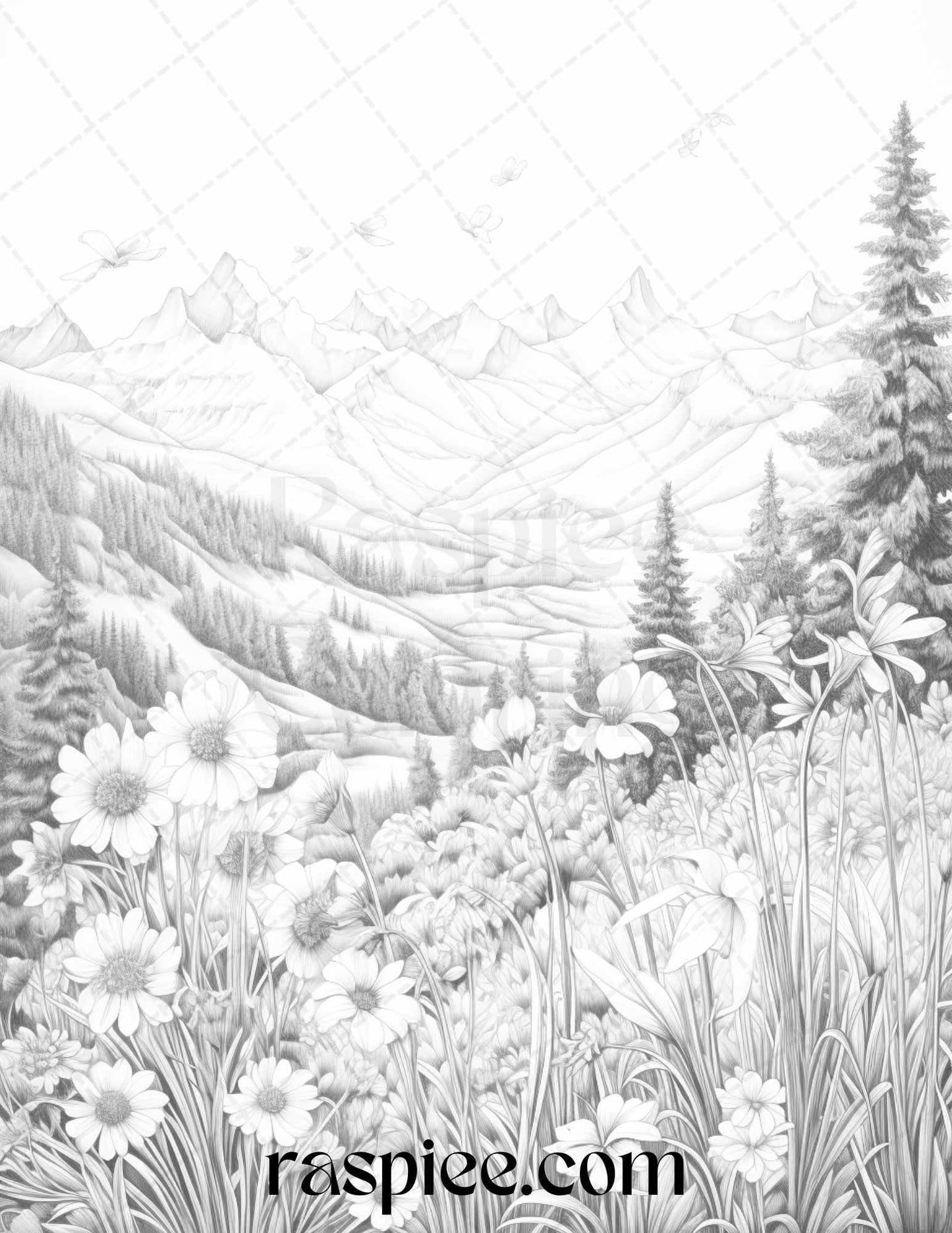 60 Mountain Flower Landscapes Grayscale Coloring Pages Printable for Adults, PDF File Instant Download
