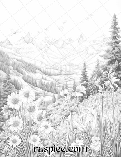 60 Mountain Flower Landscapes Grayscale Coloring Pages Printable for Adults, PDF File Instant Download