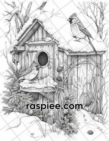 70 Enchanted Birdhouses Grayscale Adult Coloring Pages, Printable PDF Instant Download