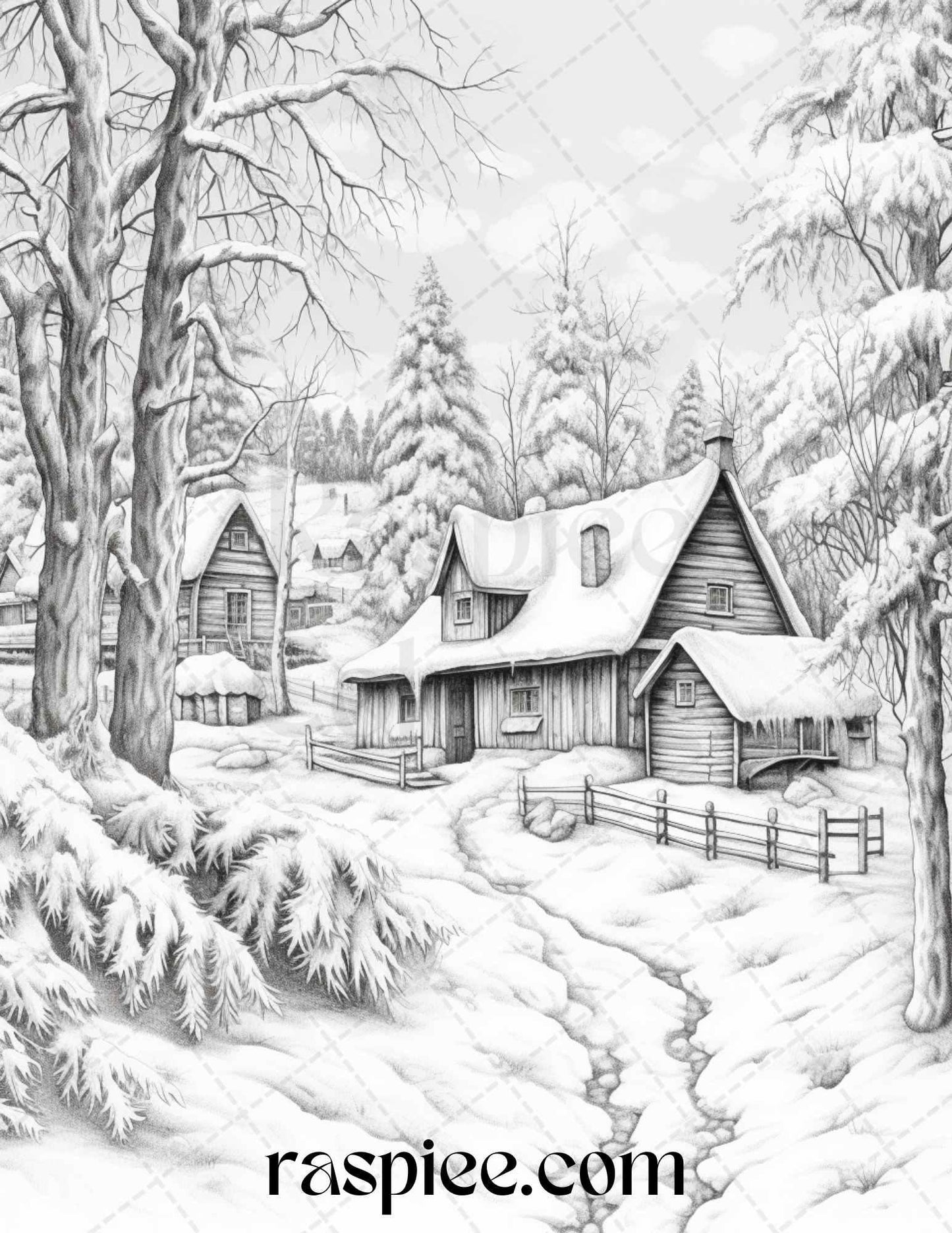 Winter Scenery Grayscale Coloring Pages Printable, Relaxing Snowy Landscapes, PDF File Instant Download