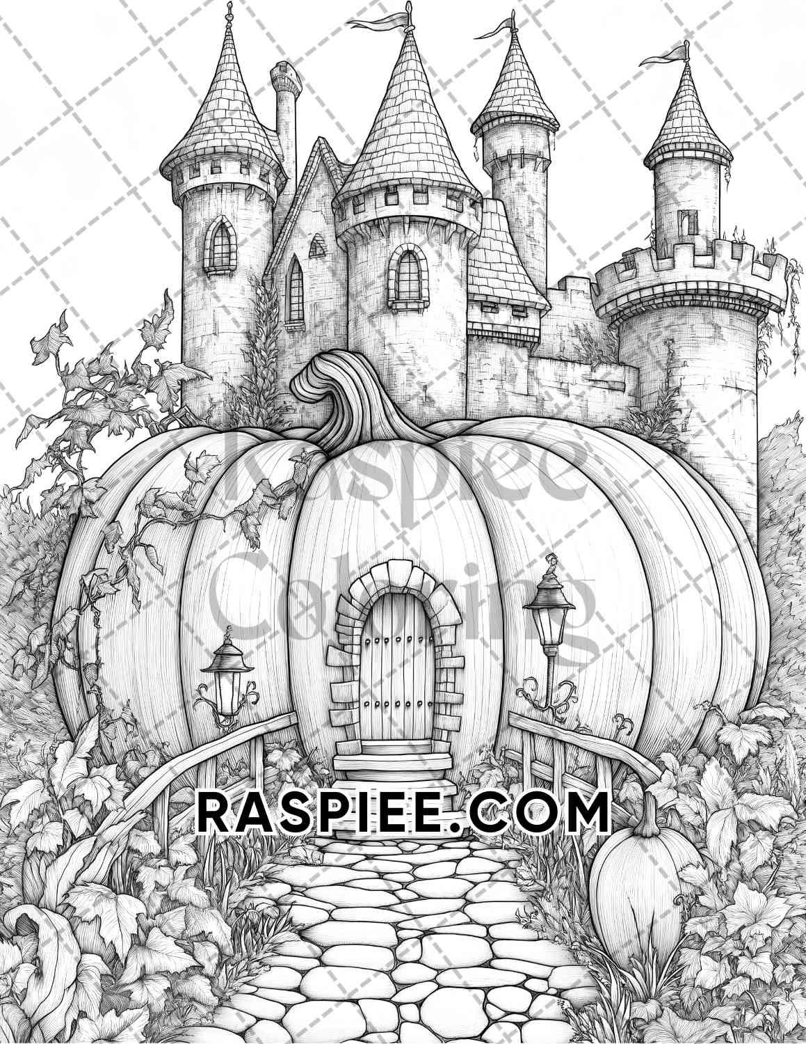 Fantasy Giant Pumpkin Castles Adult Coloring Pages Printable PDF Instant Download
