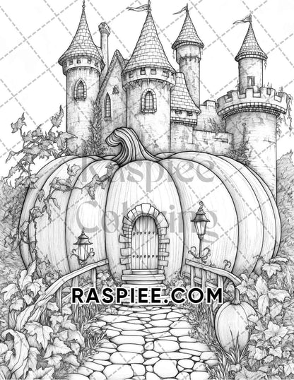 Fantasy Giant Pumpkin Castles Adult Coloring Pages Printable PDF Instant Download