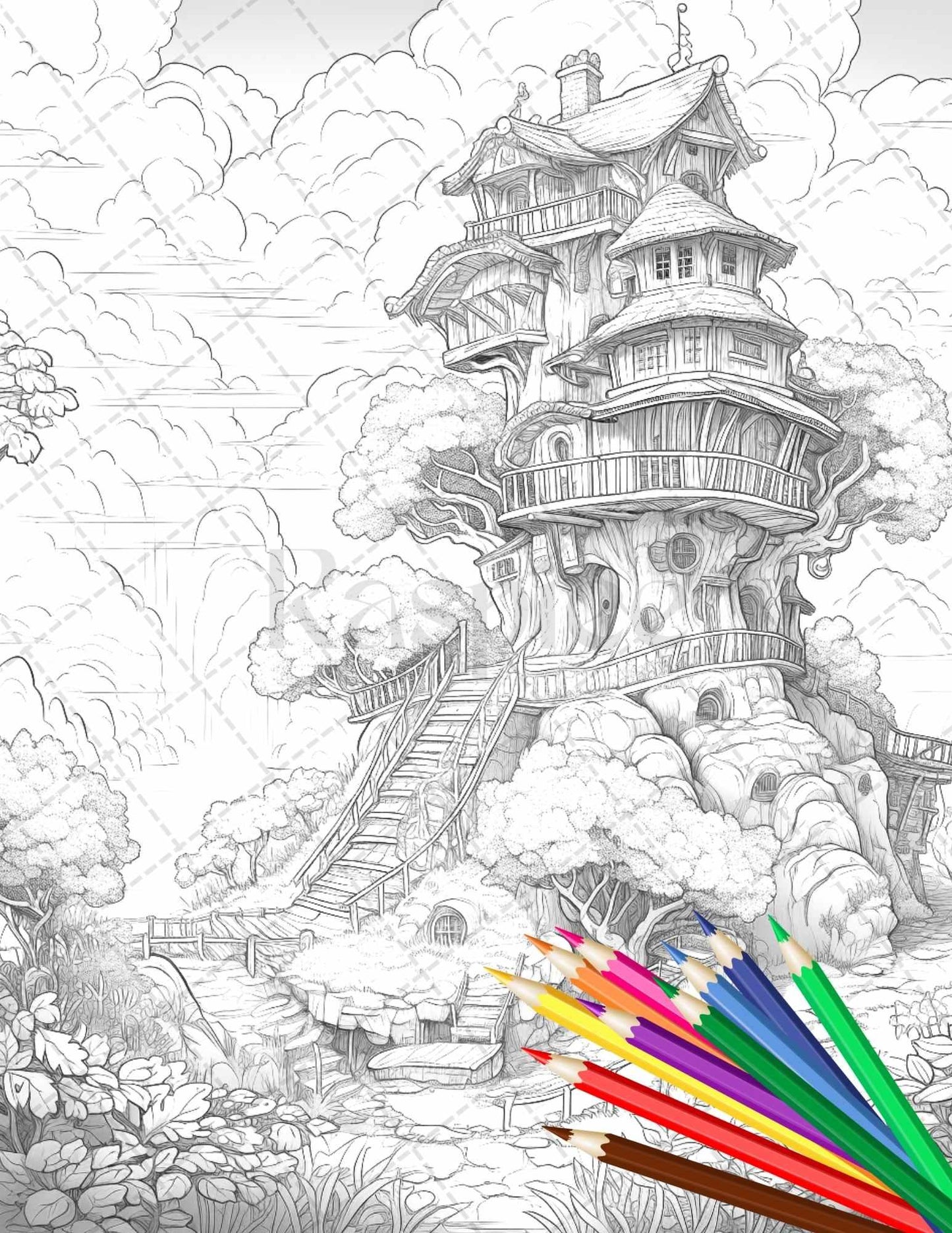 110 Enchanted Treehouse Coloring Book Printable for Adults, Grayscale Coloring Page, PDF File Instant Download