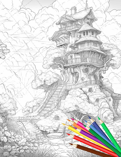 110 Enchanted Treehouse Coloring Book Printable for Adults, Grayscale Coloring Page, PDF File Instant Download