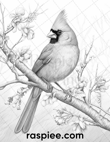 60 Spring Birds Grayscale Adult Coloring Pages, Printable PDF Instant Download