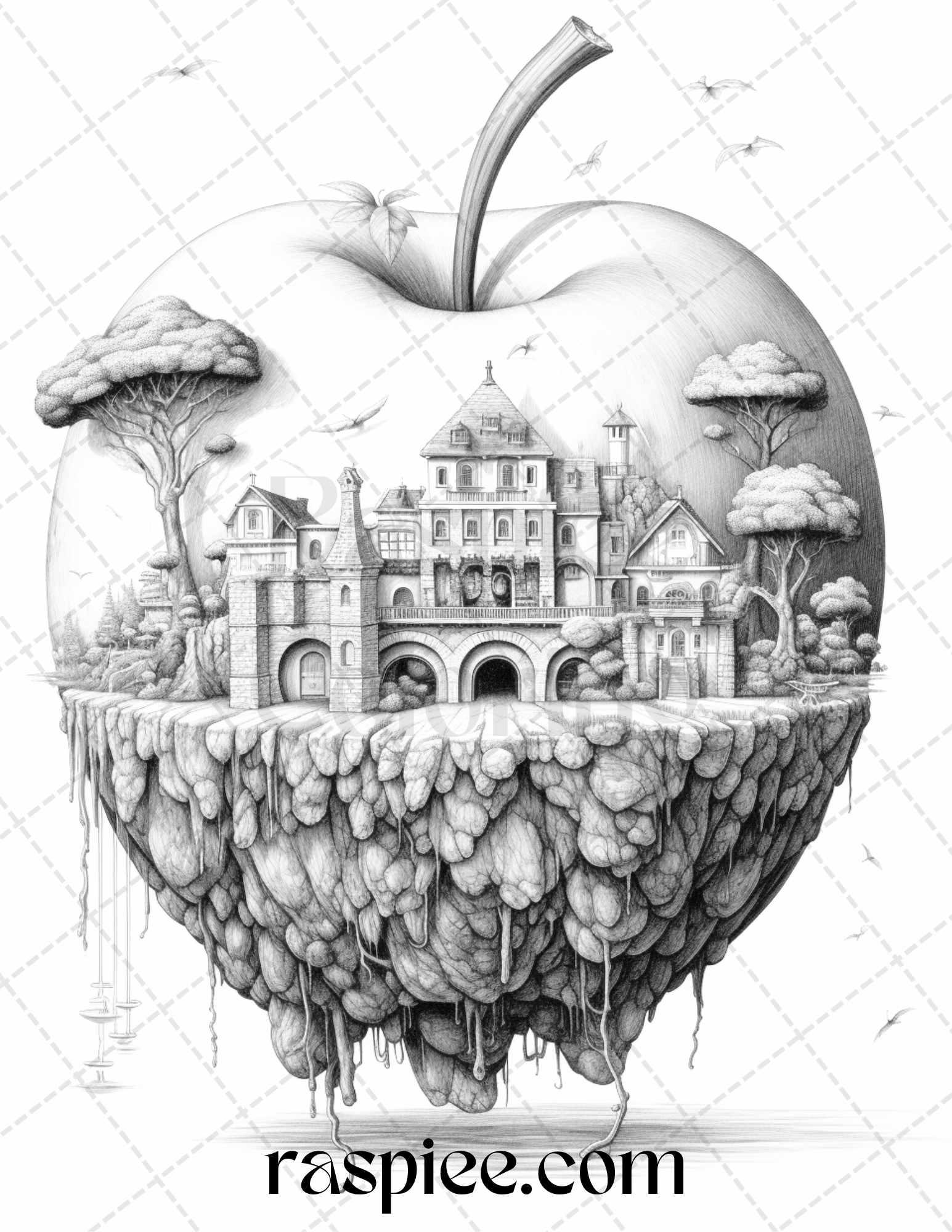 60 Miniworld in the Apple Grayscale Coloring Pages Printable for Adults, PDF File Instant Download