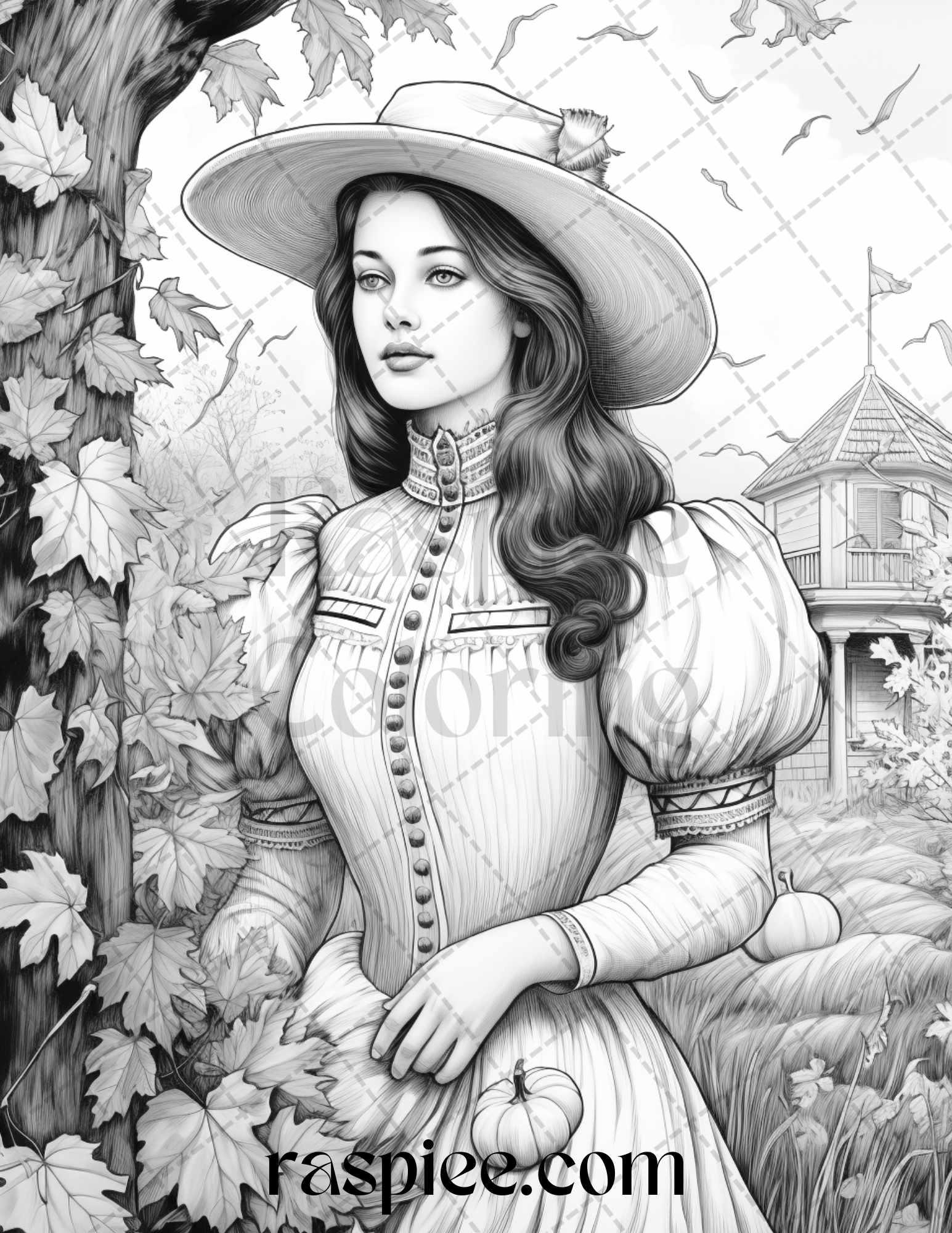 60 Victorian Autumn Portrait Grayscale Coloring Pages Printable for Adults, PDF File Instant Download