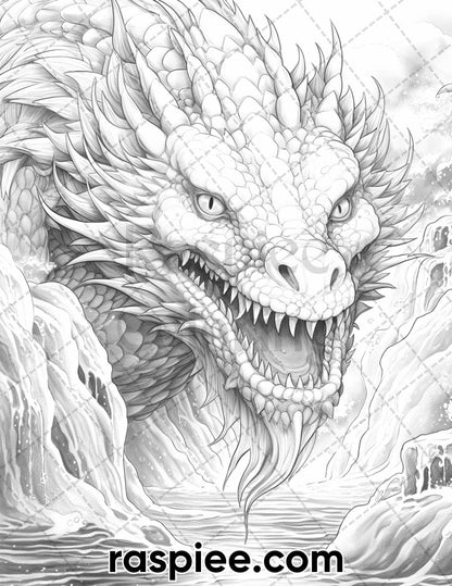 60 Mythical Creatures Grayscale Coloring Pages for Adults, Printable PDF Instant Download