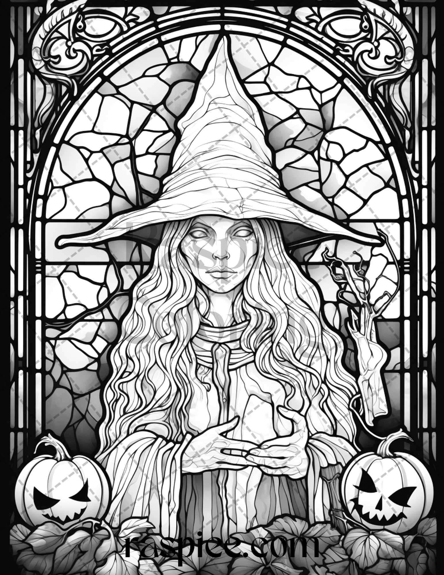 70 Halloween Stained Glass Grayscale Coloring Pages Printable for Adults, PDF File Instant Download