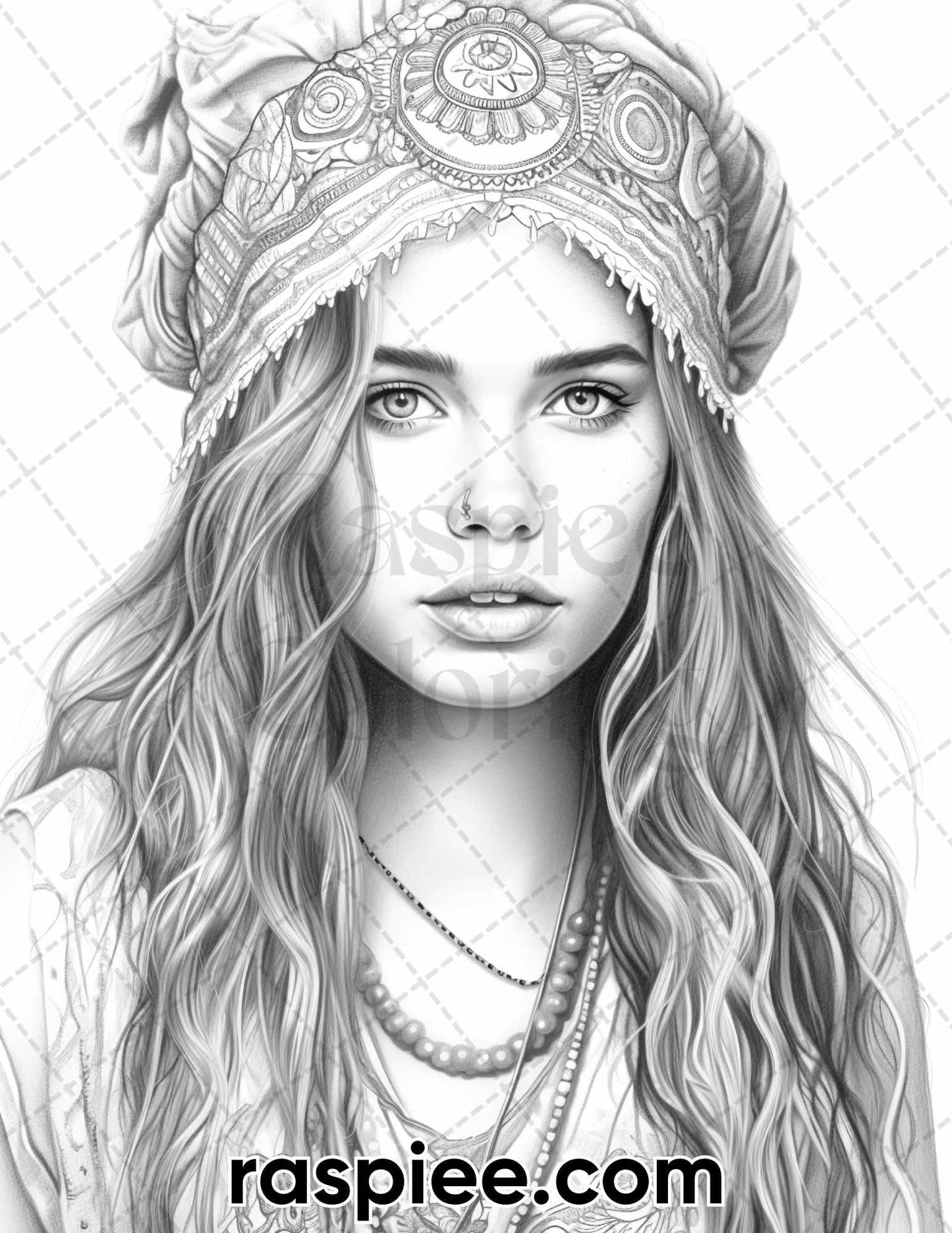 60 Bohemian Beauties Grayscale Coloring Pages for Adults, Printable PDF Instant Download