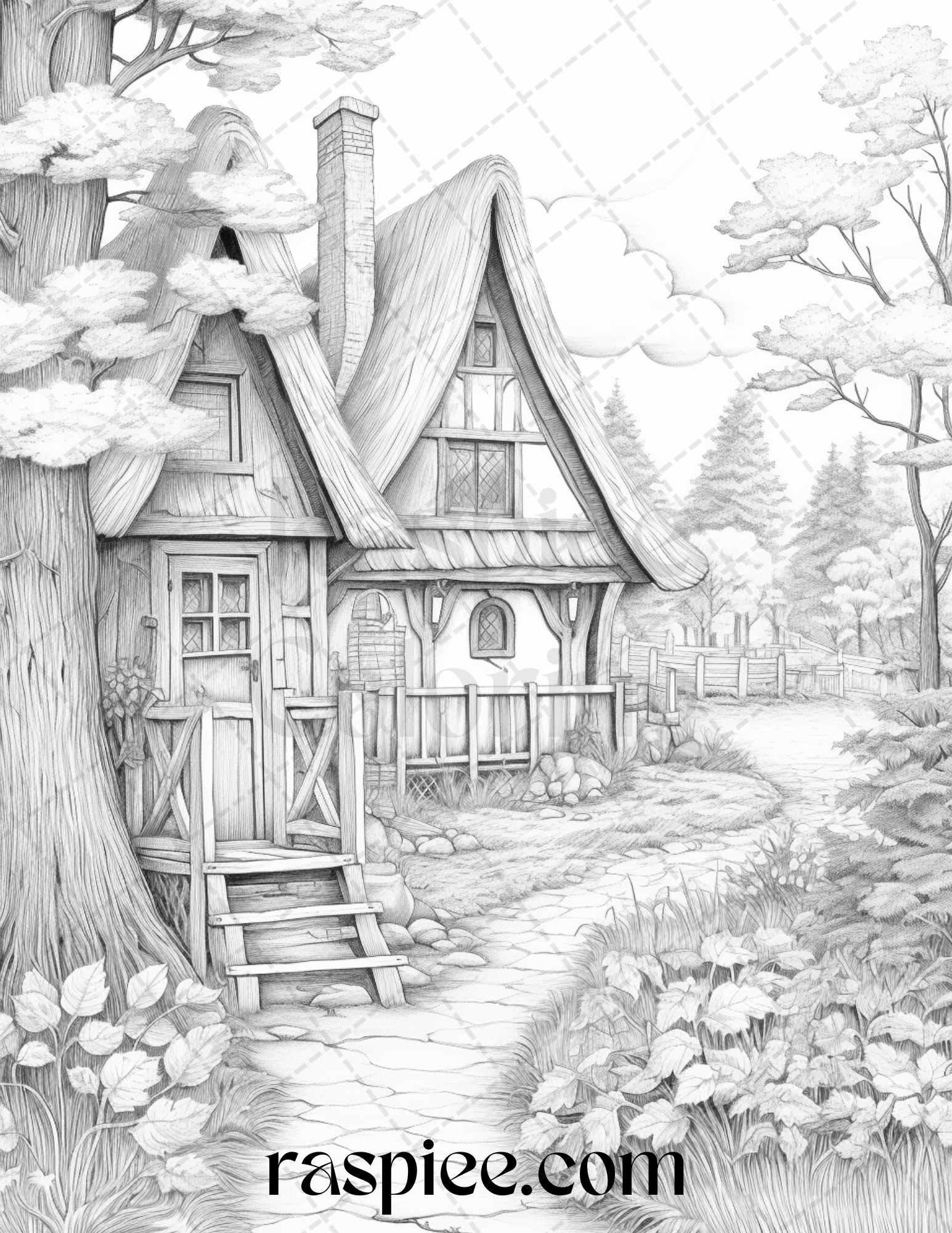 Autumn Scenery Grayscale Coloring Pages Printable for Adults, PDF File Instant Download
