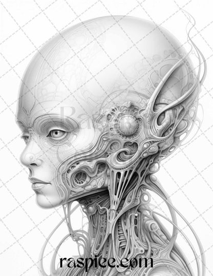65 Alien Portrait Grayscale Coloring Pages for Adults, Printable PDF File Instant Download